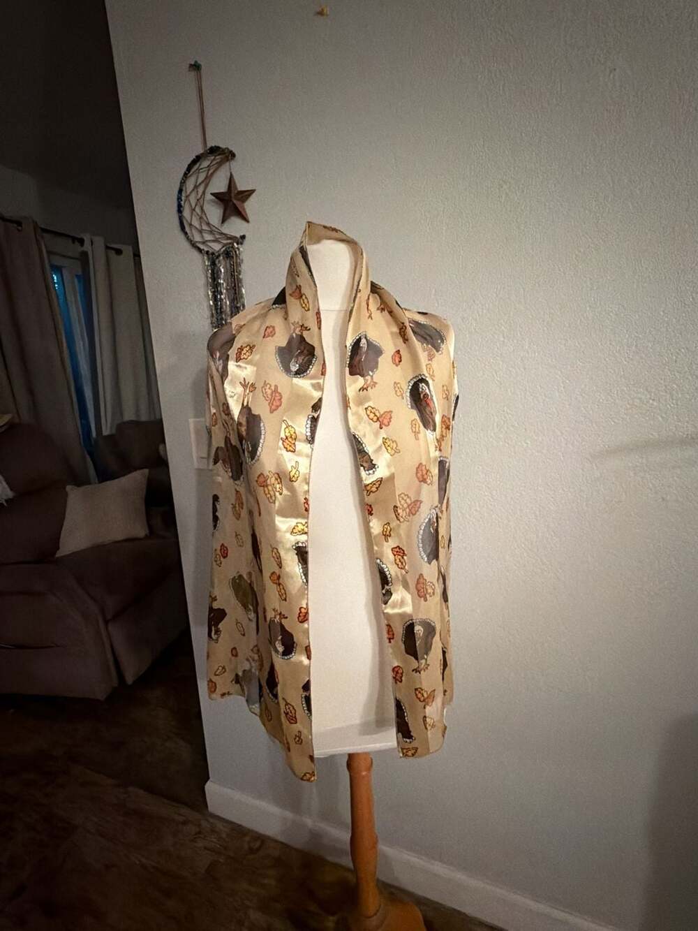 Vintage Thanksgiving Turkey and Fall Leaves Scarf Cream Satin